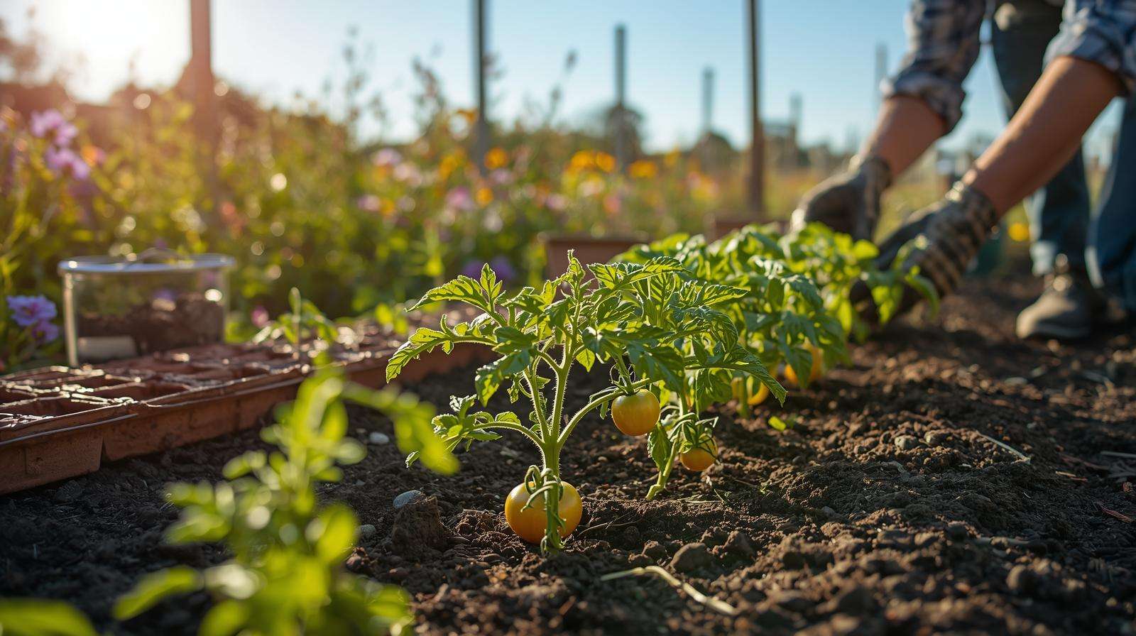 Gardener planting rainbow tomato seedlings in a spring garden, showcasing colorful tomato varieties like ‘Sungold’ for vibrant harvests.