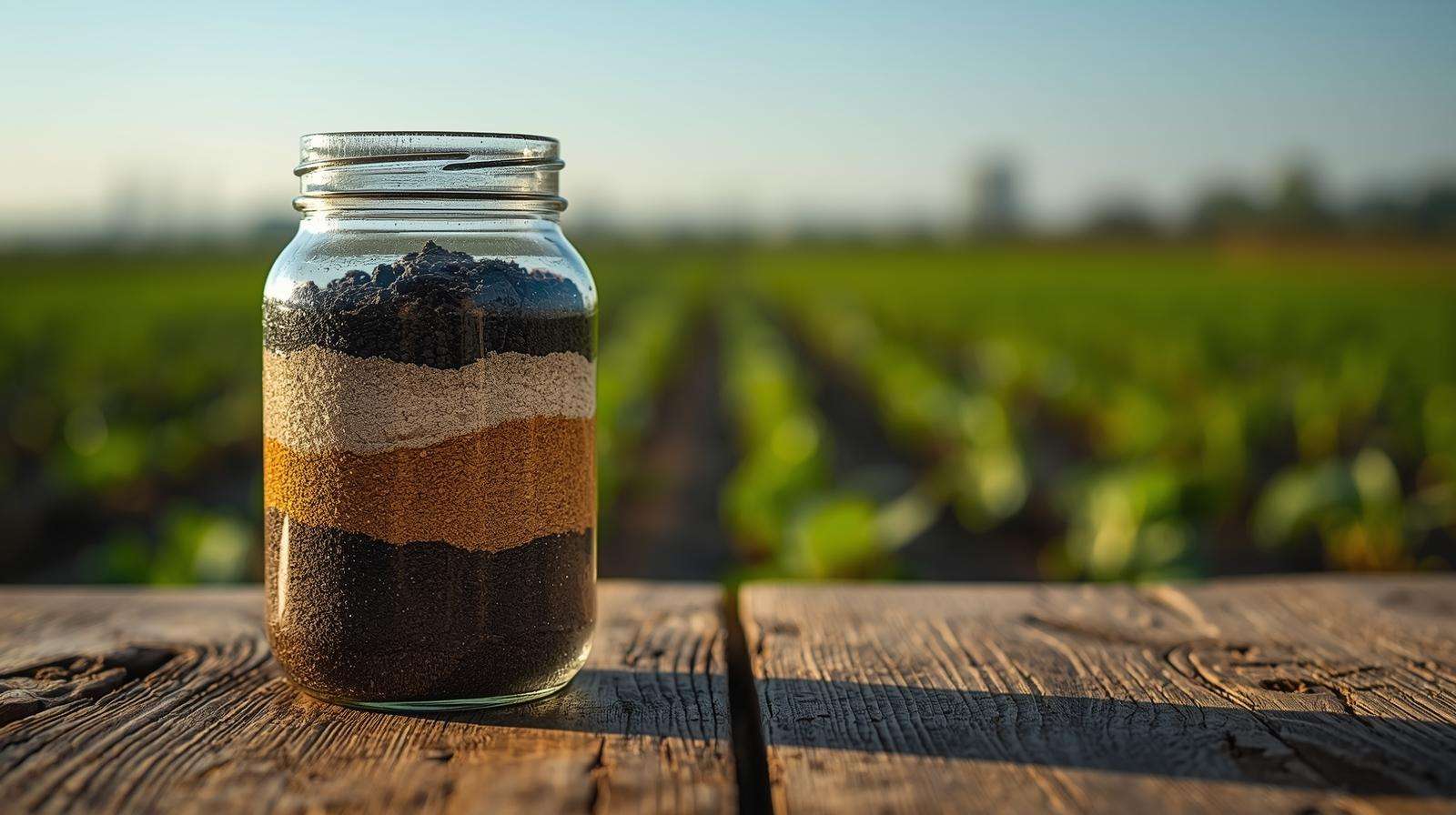 Close-up of a soil texture jar test showing layers of sand, silt, and clay, used to profile soil for better crop yields.