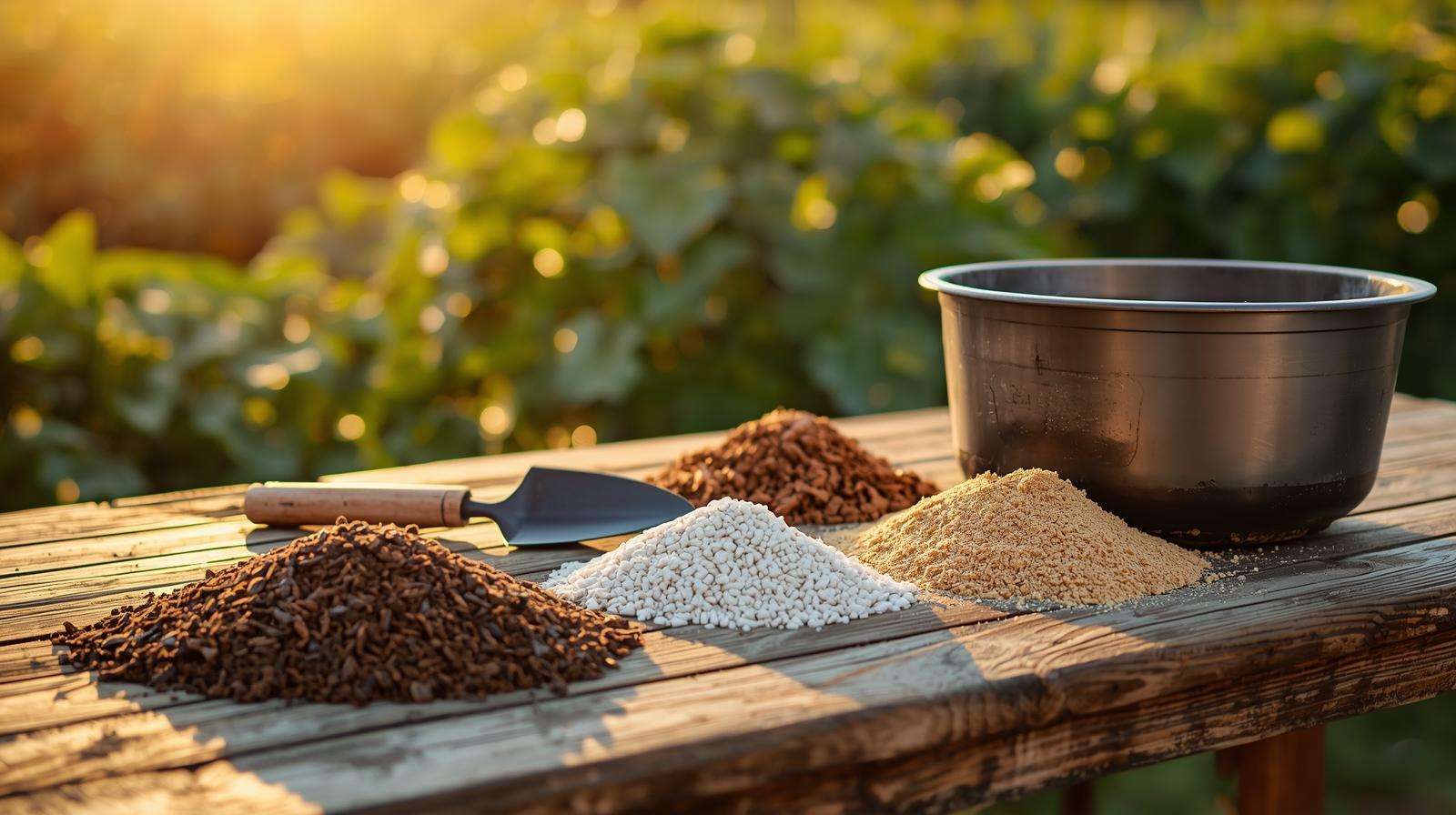 Ingredients for watermelon potting soil, including coconut coir, compost, perlite, and sand, arranged for mixing to support healthy melon growth.
