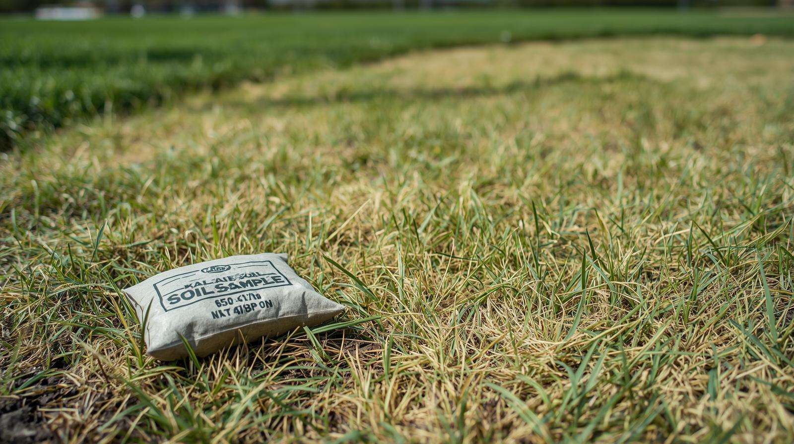Patchy, yellowing lawn showing signs of soil that is too alkaline for grass, with a soil sample bag for testing.