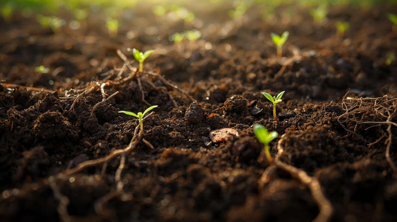 Close-up of fertile soil with organic matter and sprouting plants, showcasing the benefits of organic resistant tapioca dextrin for soil health.