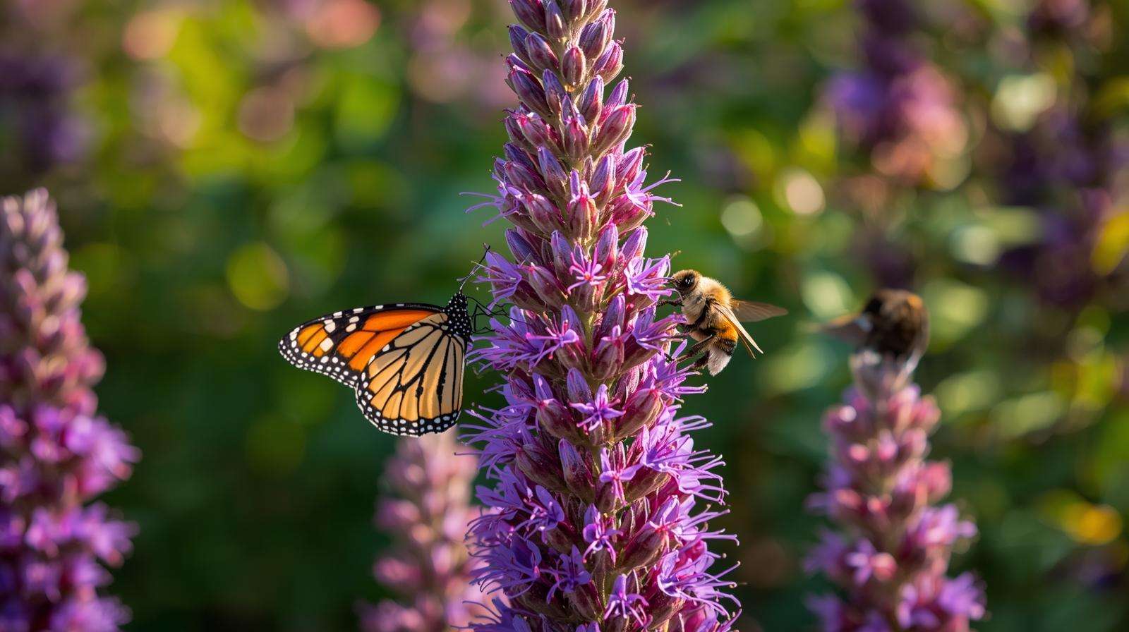 Monarch butterflies, bees, and a hummingbird feed on vibrant butterfly bush varieties in a lush garden, highlighting their pollinator appeal.