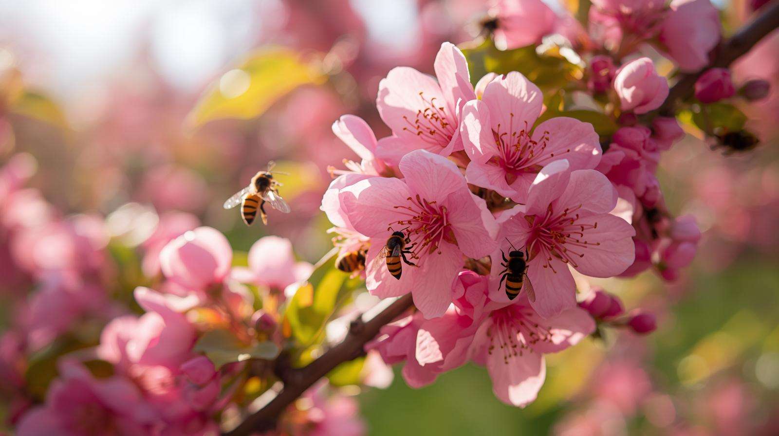 Bees and butterflies pollinate vibrant flowering peach varieties in a sunny orchard, highlighting their ecological benefits.