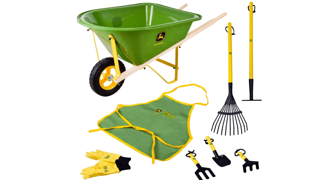 John Deere Deluxe 34" Wheelbarrow and Garden Set Includes 5 Realistic Gardening Tools,Gardening Apron, Gardening Gloves, Large Metal Wheelbarrow with Wooden Handles, Outdoor Toy Ages 5+
