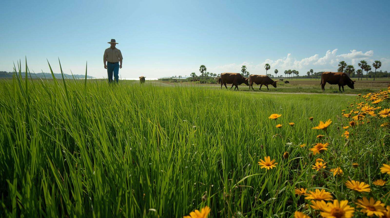 A Florida farm with lush Florida grass varieties like St. Augustinegrass and Bermudagrass, featuring grazing cattle and wildflowers under a sunny sky.