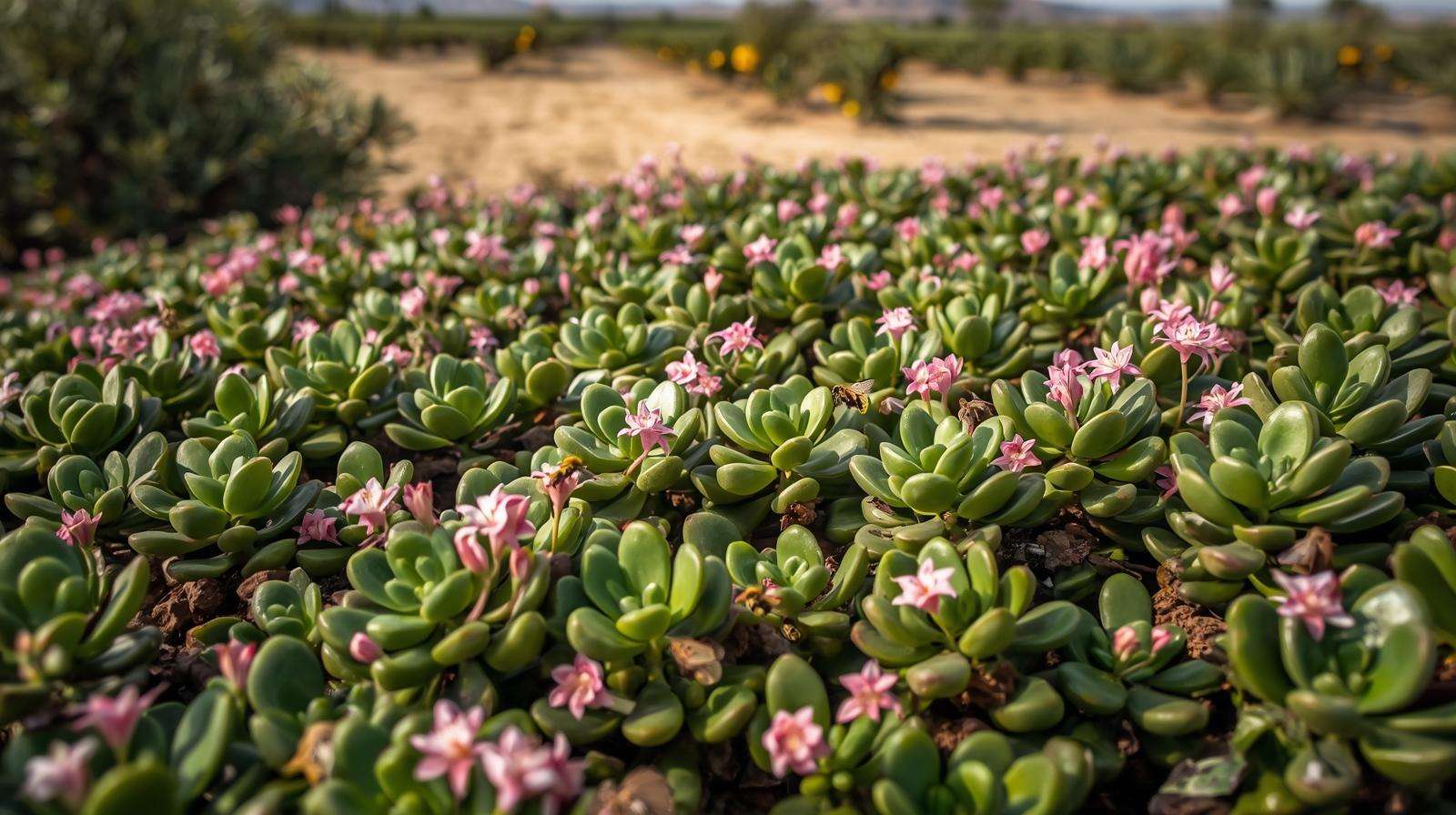 Bees and butterflies pollinate Crassula ovata flowers in a garden with jade tree varieties, set against a sunny farm landscape.