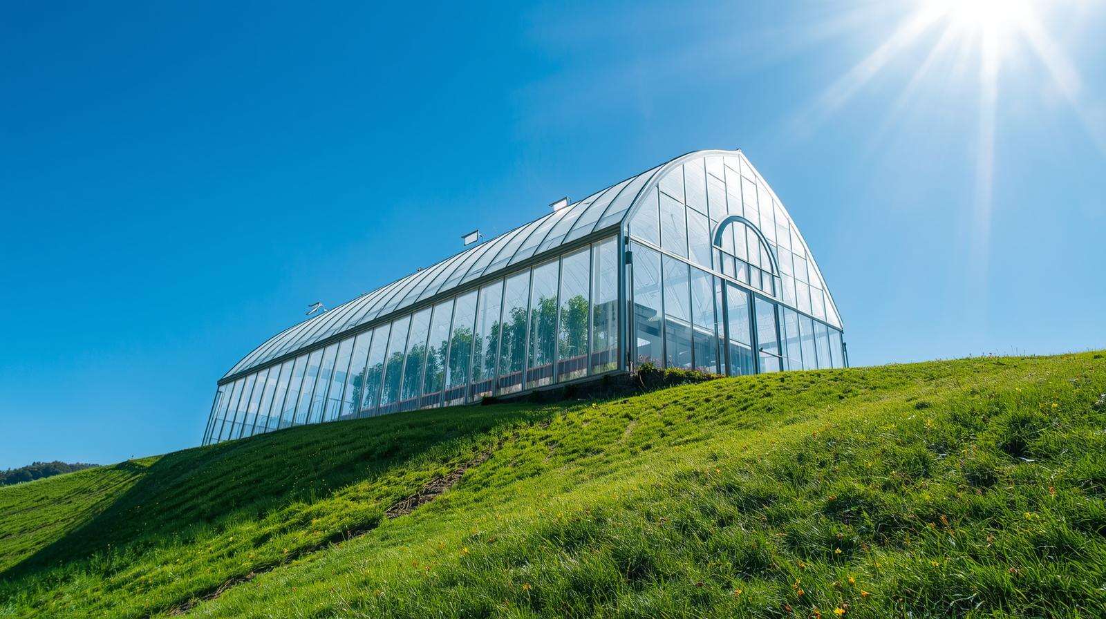 Modern hilltop greenhouse with gothic arch design on a sunny hillside, showcasing transparent panels and thriving tomato plants inside.