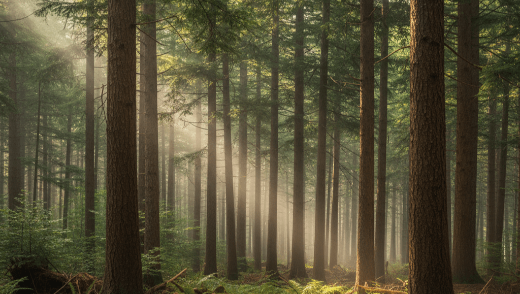 Sustainable hemlock tree forest for organic mulch sourcing in regenerative agriculture.
