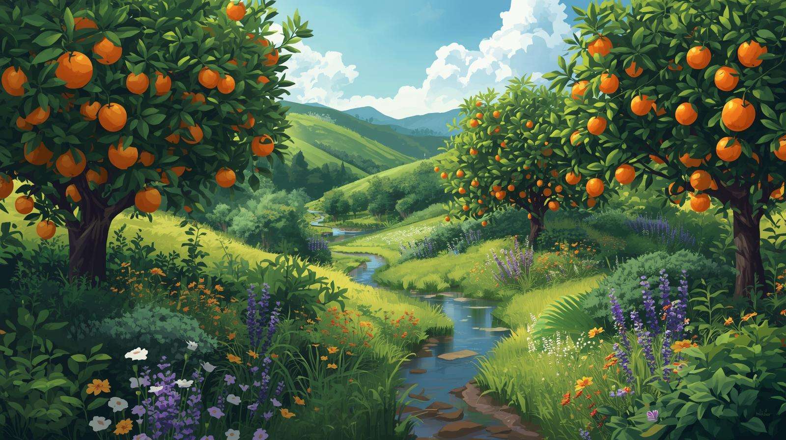 Lush permaculture food forest with fruit trees and rainwater harvesting system.