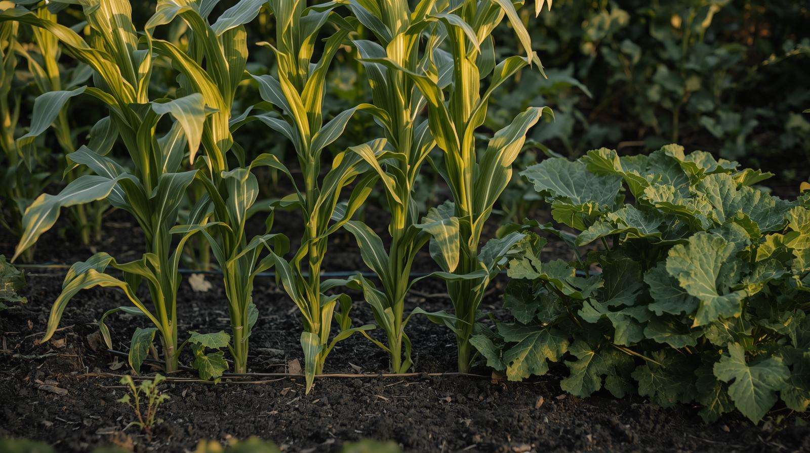 Three Sisters companion planting with corn, beans, and squash in a permaculture garden at sunrise.