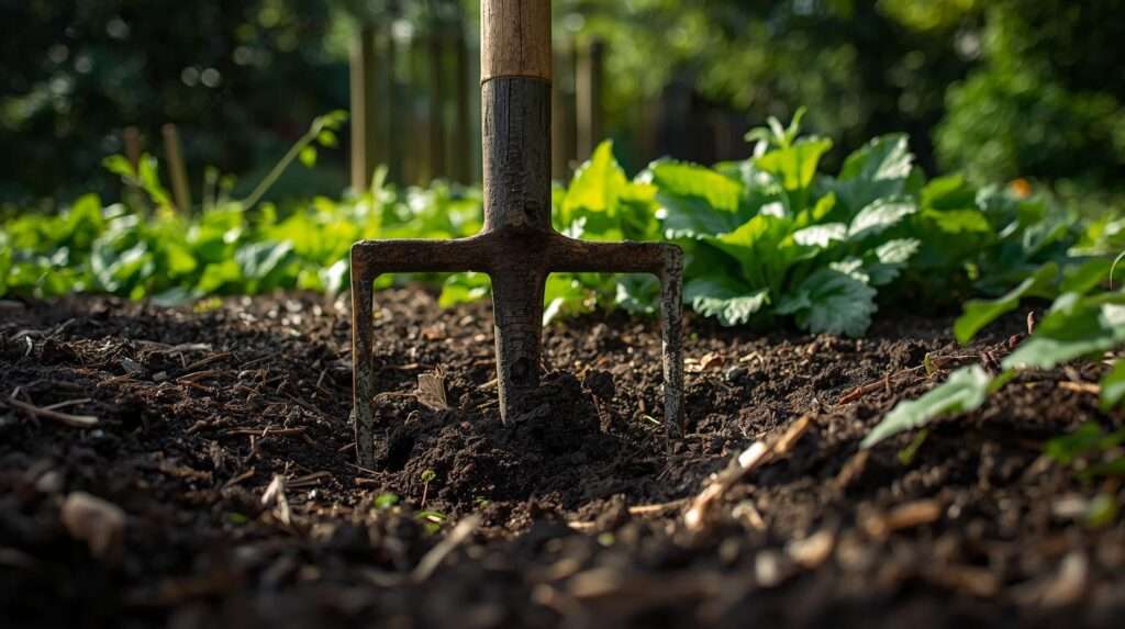 Broadfork aerating soil in a permaculture garden bed with organic mulch and plants.