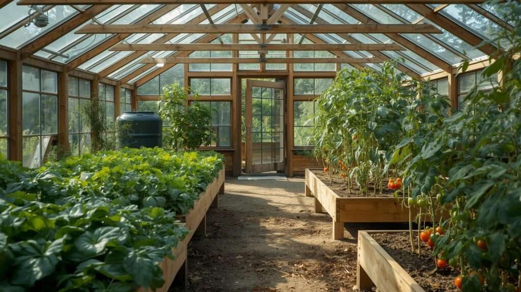Interior of a permaculture greenhouse with raised beds, diverse plants, and passive solar design.