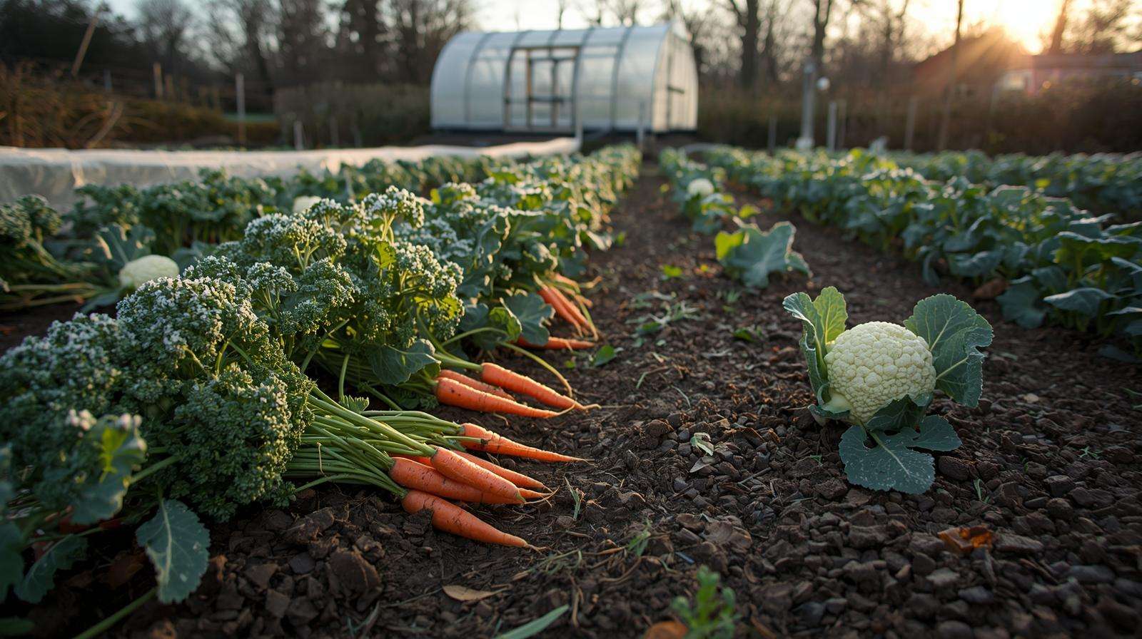 Winter garden with carrots, broccoli, and cauliflower for a Christmas vegetable tray, protected by row covers and mulch.