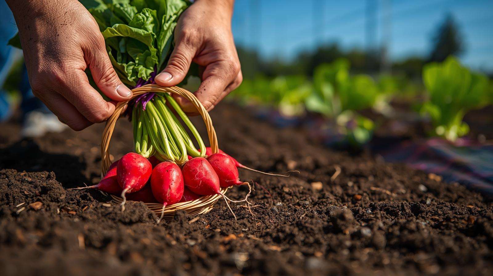 Gardener harvesting vibrant radishes, showcasing quick growing vegetables for fast garden yields.