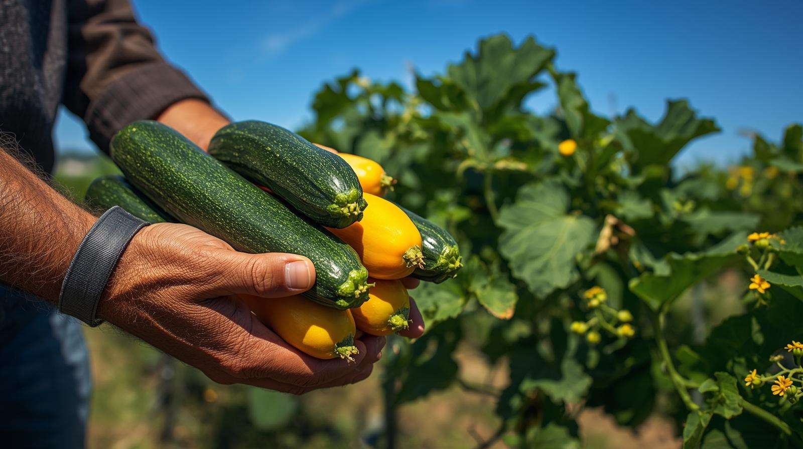 Freshly harvested green and yellow courgettes, showcasing what are courgettes vegetables in a thriving garden.