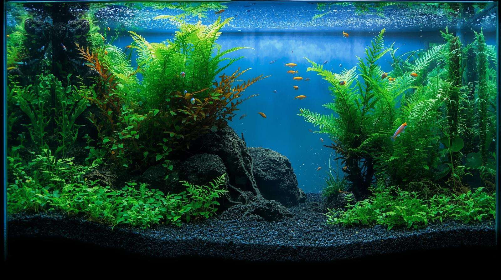 Planted aquarium with aquatic soil for fish tanks supporting vibrant Rotala and Java Fern plants.