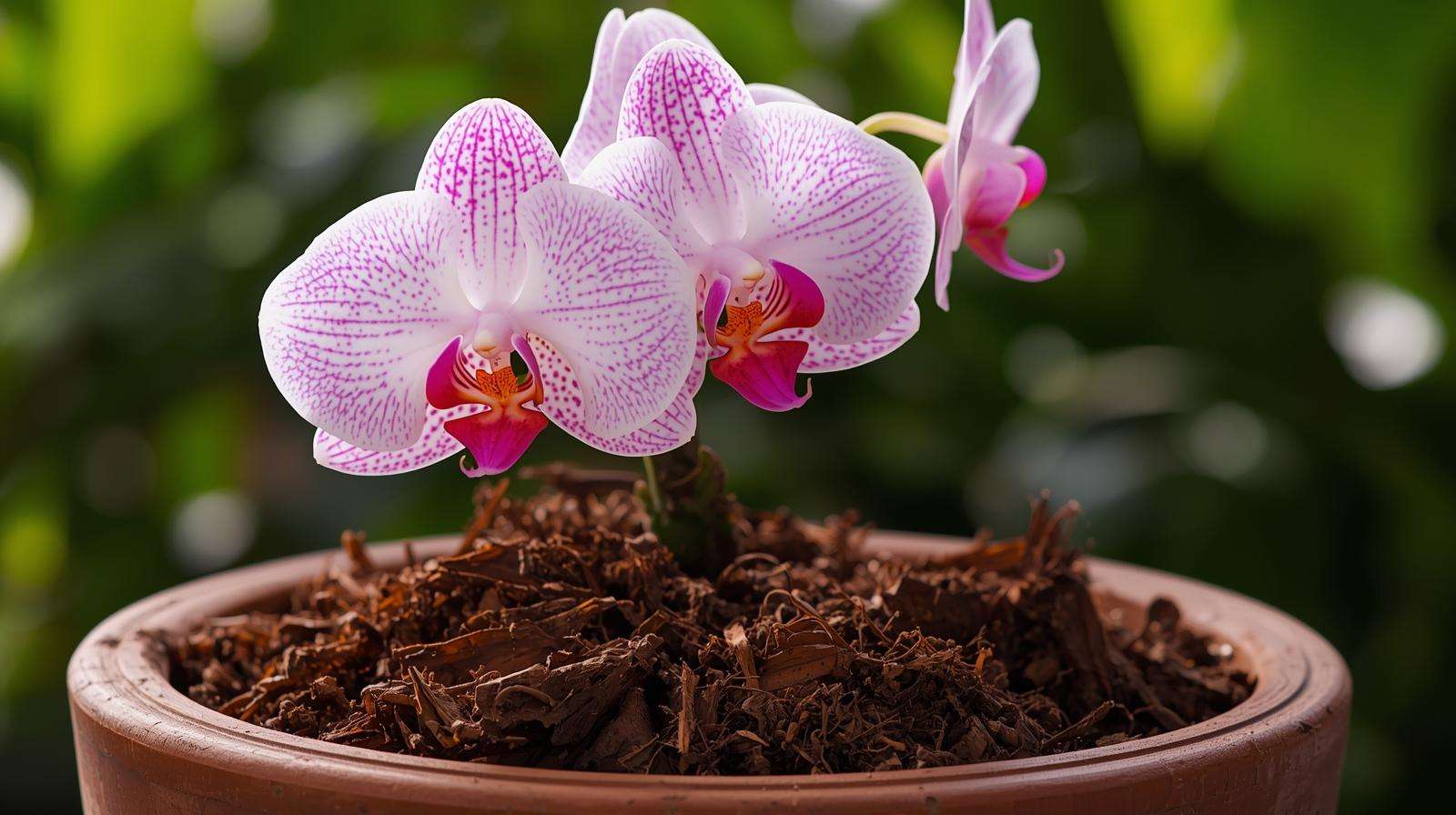 Thriving Phalaenopsis orchid in orchid soils with pine bark for vibrant blooms.