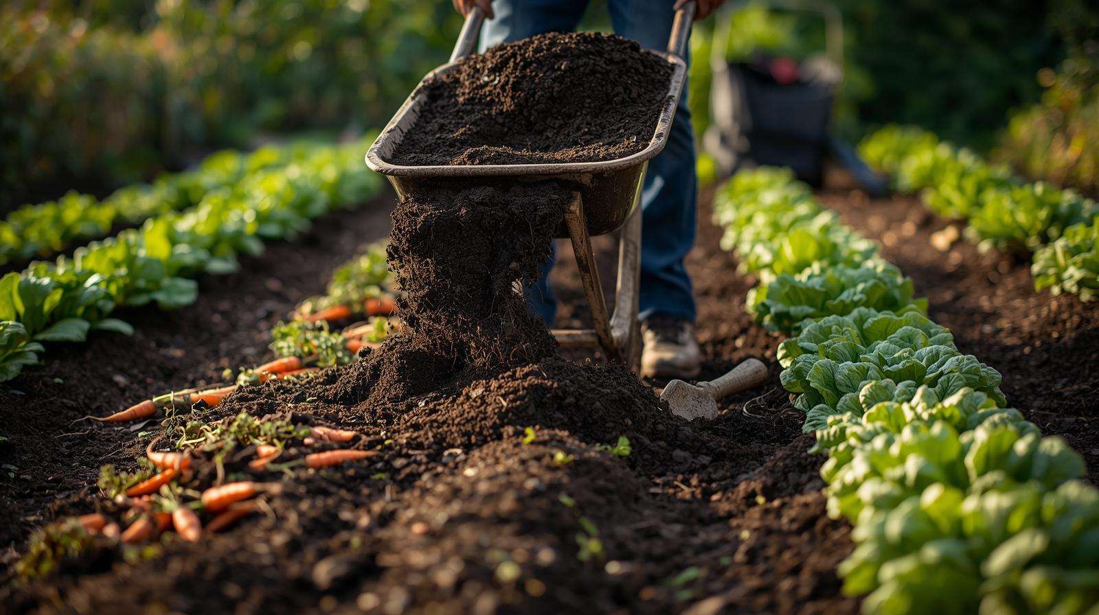 Gardener applying compost soil enhancer to a thriving vegetable garden.