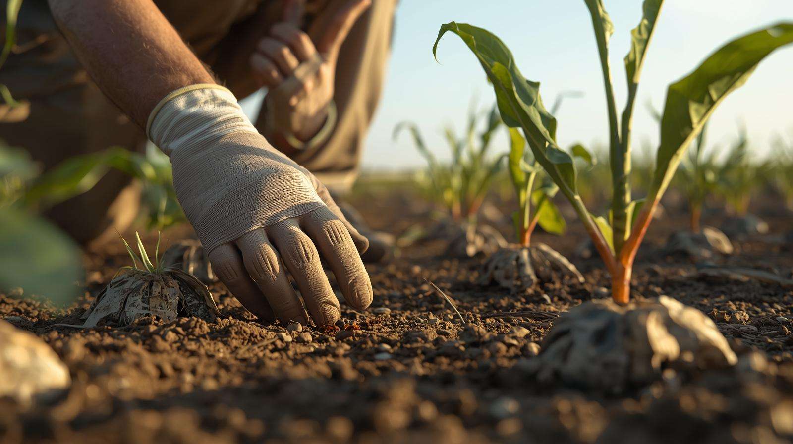 Farmer stung by venomous fire ant causing crop damage in agricultural field
