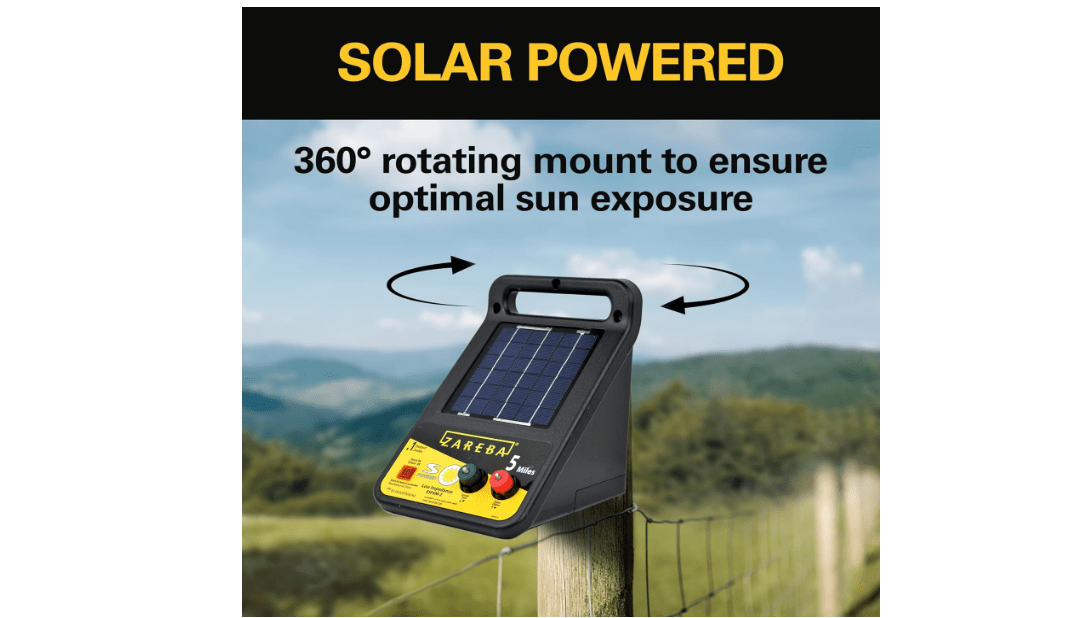 Zareba ESP5M-Z Solar Powered Electric Fence Charger - 5 Mile Lightning Electric Fence Energizer, Low Impedance, Contain Animals and Keep Out Predators, Black