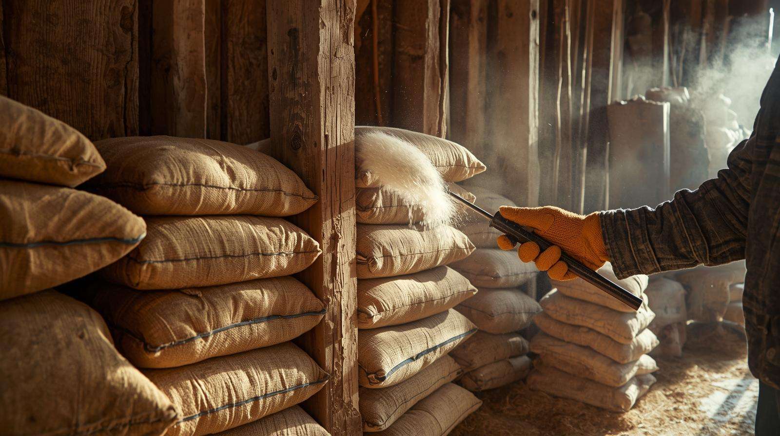 Farmer applying diatomaceous earth in a barn with grain sacks for natural roach control.