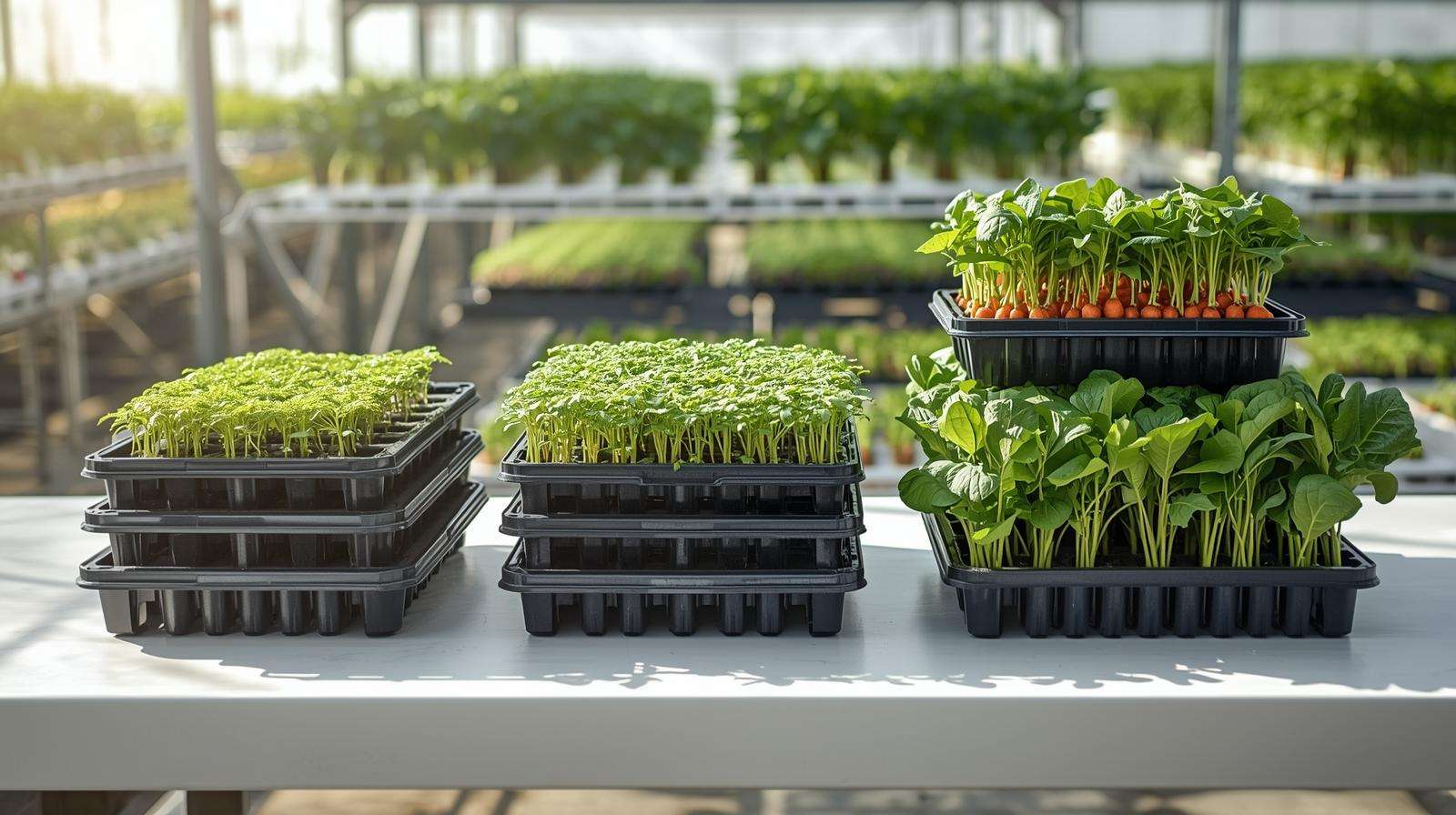 Assortment of trays for vegetables, including seedling, propagation, transport, and hydroponic trays, on a greenhouse workbench with healthy tomato seedlings, microgreens, carrots, and spinach, highlighting farm efficiency.