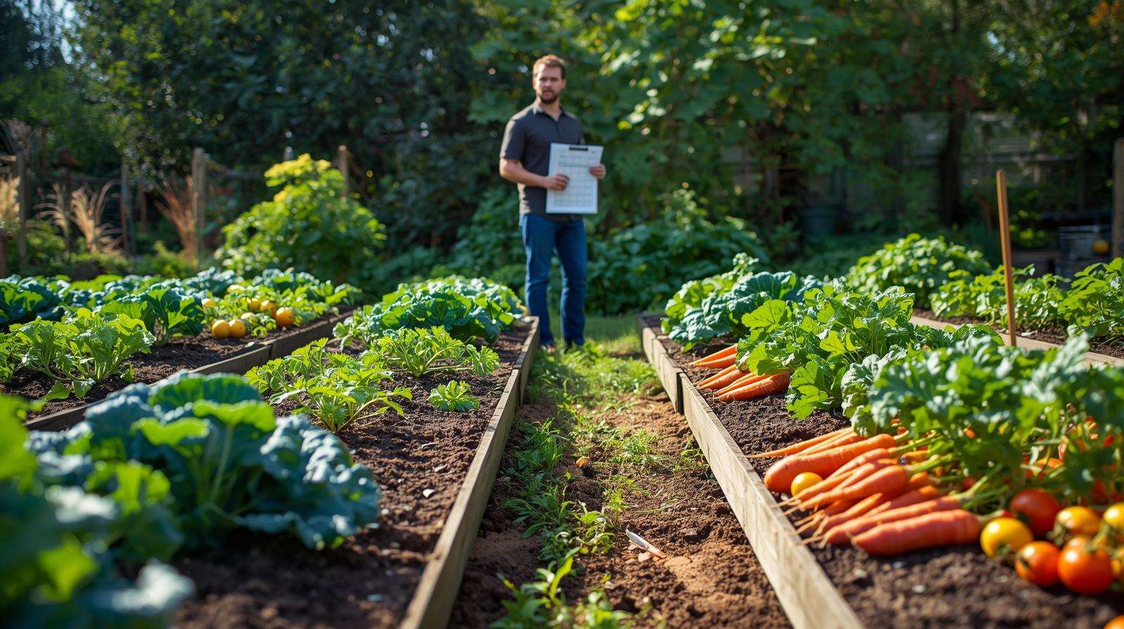 Expert gardener in a thriving vegetable garden with climate-appropriate crops for high yield.