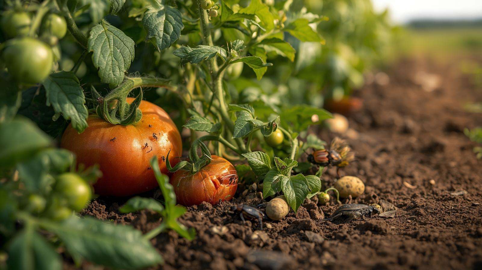 Close-up of a tomato plant with aphids and a potato plant with beetle damage in a vegetable field, highlighting pest challenges for prime pest control with a farm landscape background.