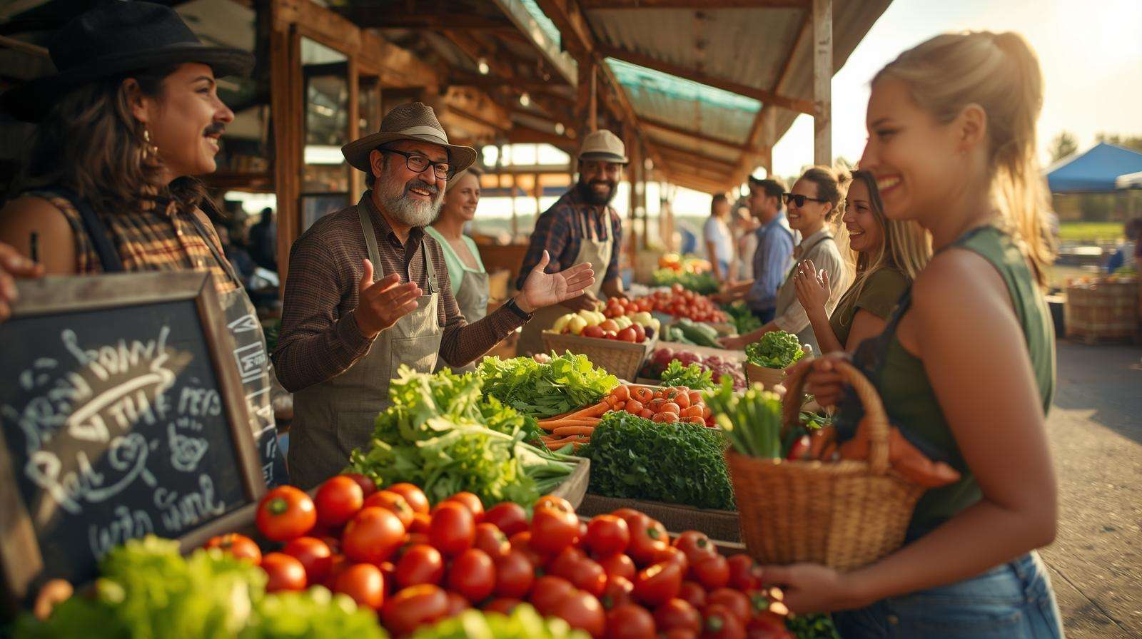 Farmers and customers laughing at a vibrant market stall with carrots and tomatoes, showcasing vegetable puns fostering community connection in a sunlit farmers’ market.