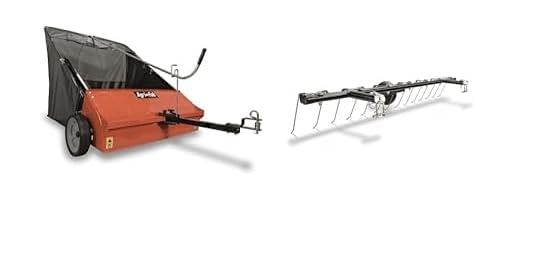 Bundle of Agri-Fab 44-Inch Tow-Behind Lawn Sweeper, 25 cu. ft Hopper Bag Capacity; Adjustable Brush Height and Dump from Seat Handle + Agri-Fab 42 Inch Universal Front Mount Lawn Dethatcher