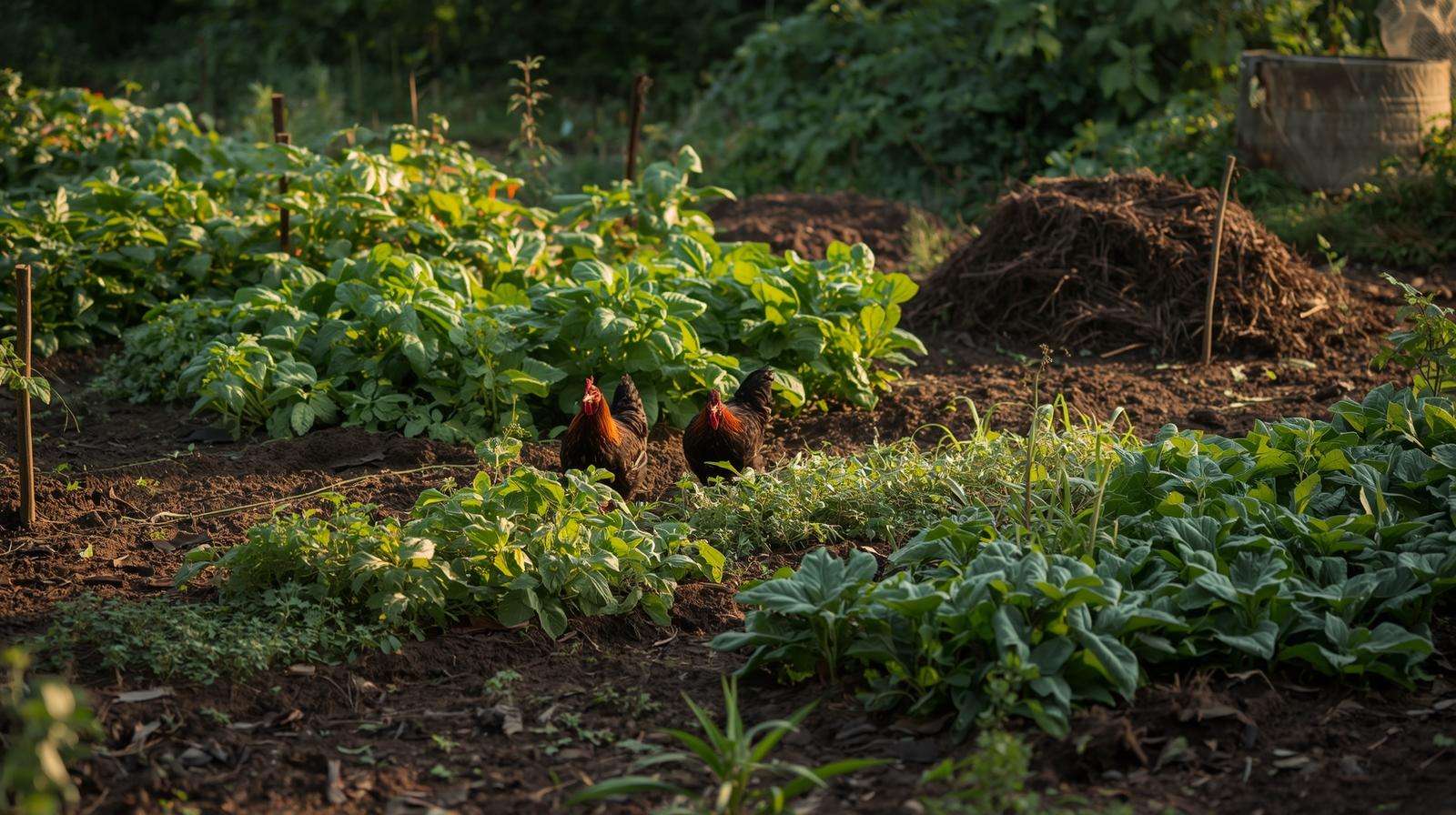 Chickens foraging in a lush permaculture farm with rich soil and compost pile