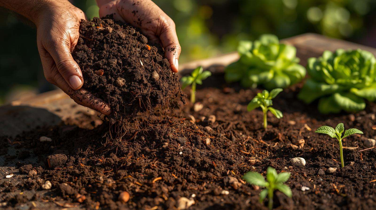 Close-up of ocean forest soil with earthworm castings and peat moss in a gardener’s hands, surrounded by tomato seedlings, showcasing its nutrient-rich composition in a lush garden.