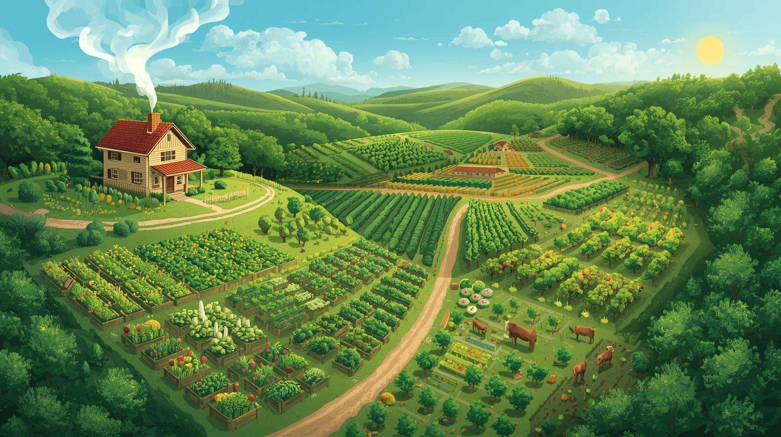 Illustration of a permaculture zoning system with Zones 0-5 for sustainable farm layout
