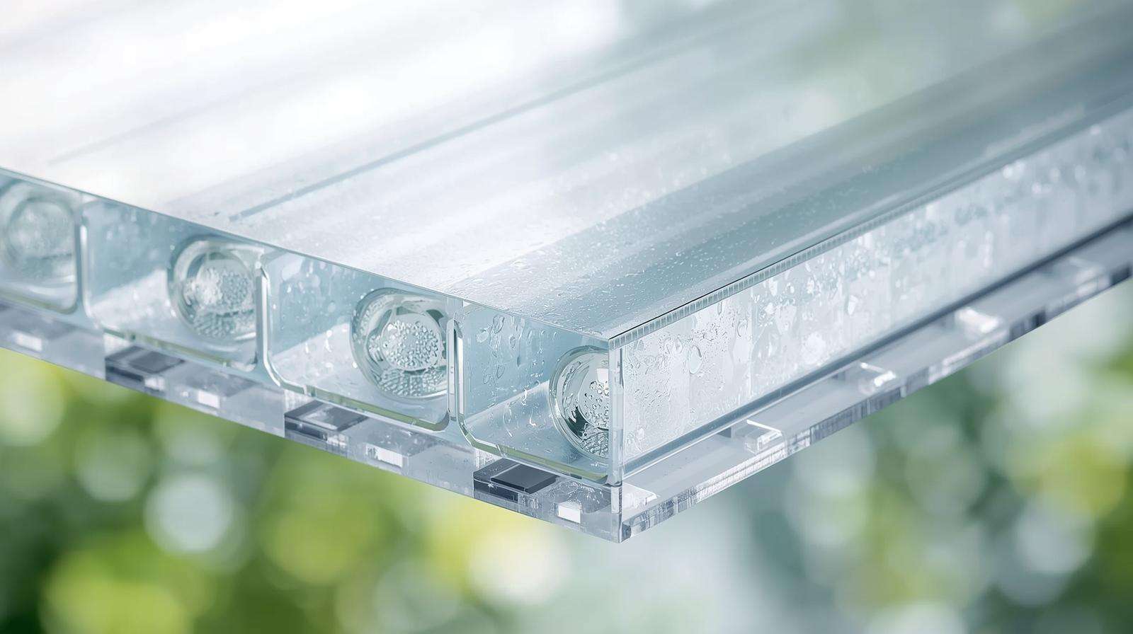 Close-up of twin-wall greenhouse sheeting polycarbonate showing its translucent, durable, multi-layered structure for greenhouse use.