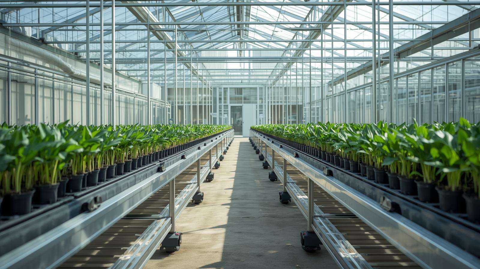 Aluminum rolling greenhouse benches in a commercial greenhouse, holding potted plants with an open aisle for easy access.