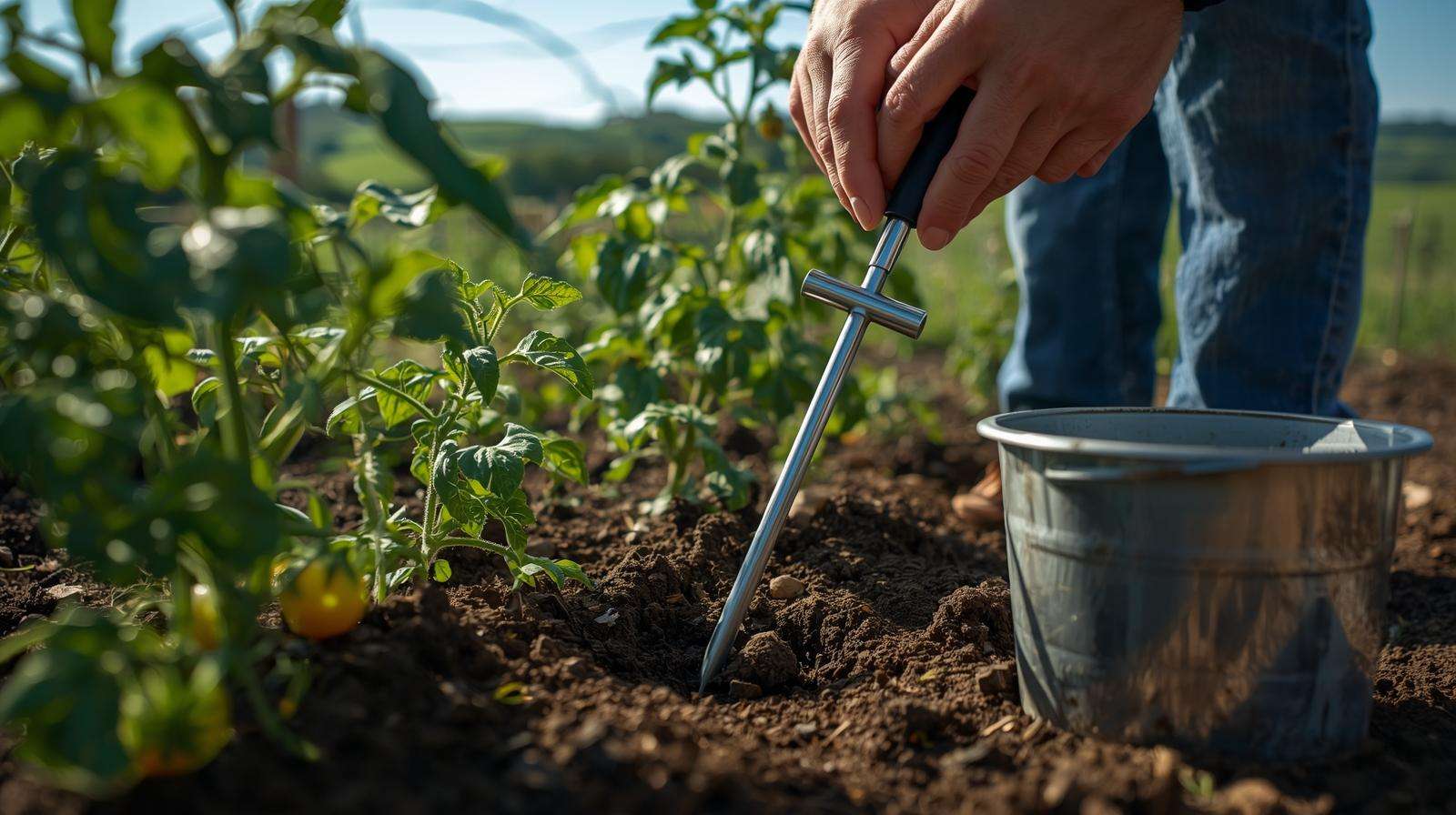 Gardener using a soil sample probe to extract soil near tomato plants in a lush, sunlit garden, highlighting soil testing tools.