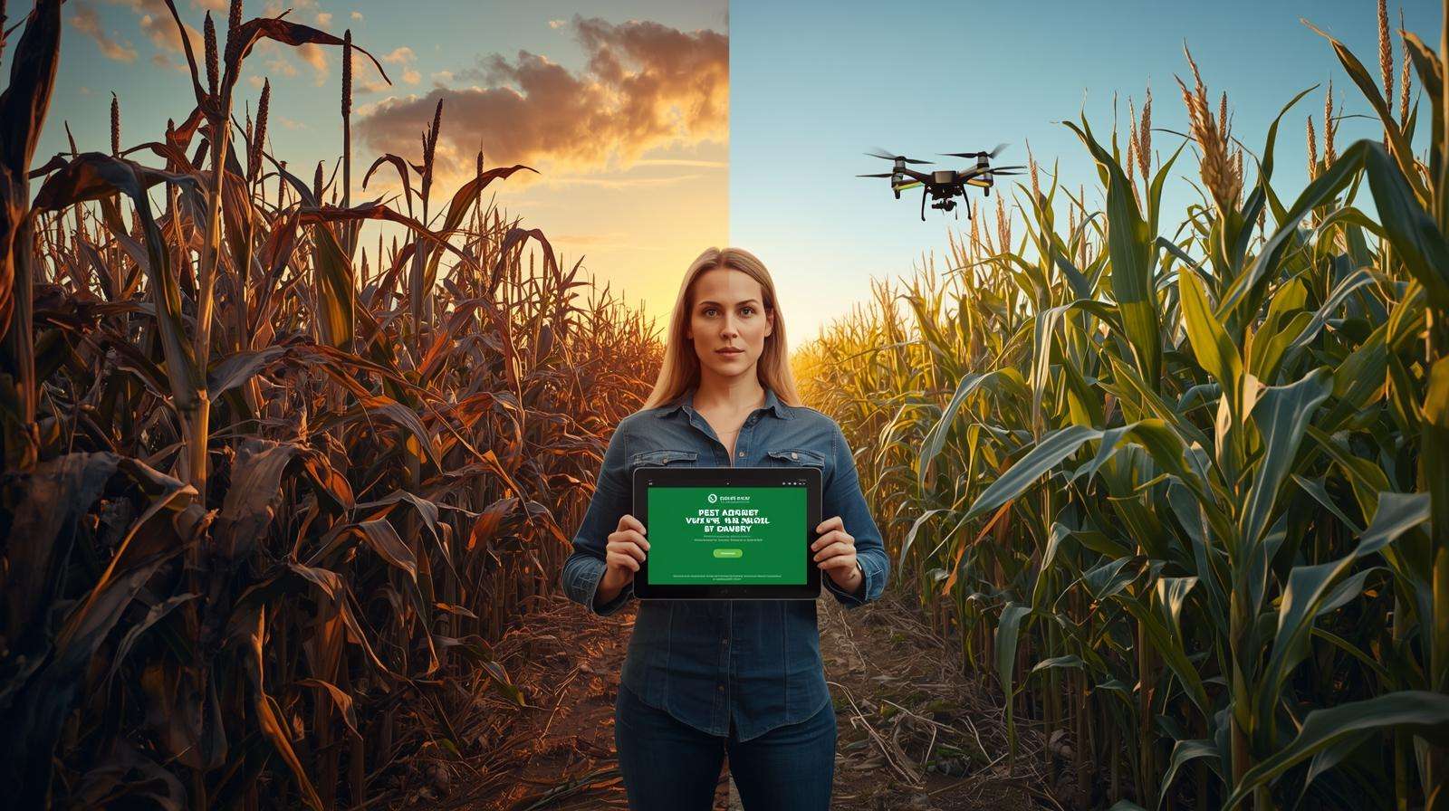 Split cornfield showing pest damage vs. recovery with drone and pest control advertising alert on tablet, highlighting urgency for farmers in 2025.