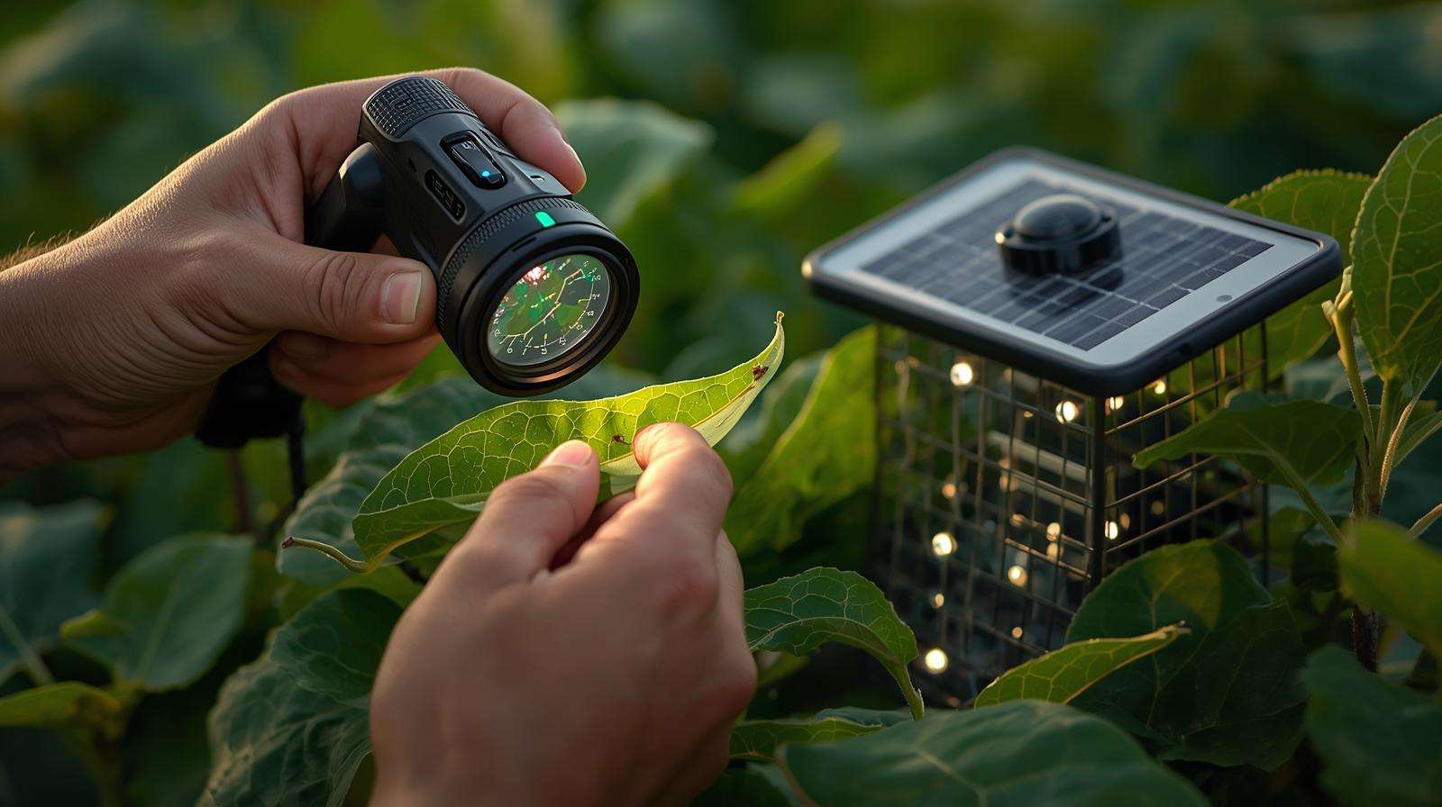 Farmer using LED hand lens and AI app with pheromone trap in soybean field, showcasing best tools for pest management for early detection.
