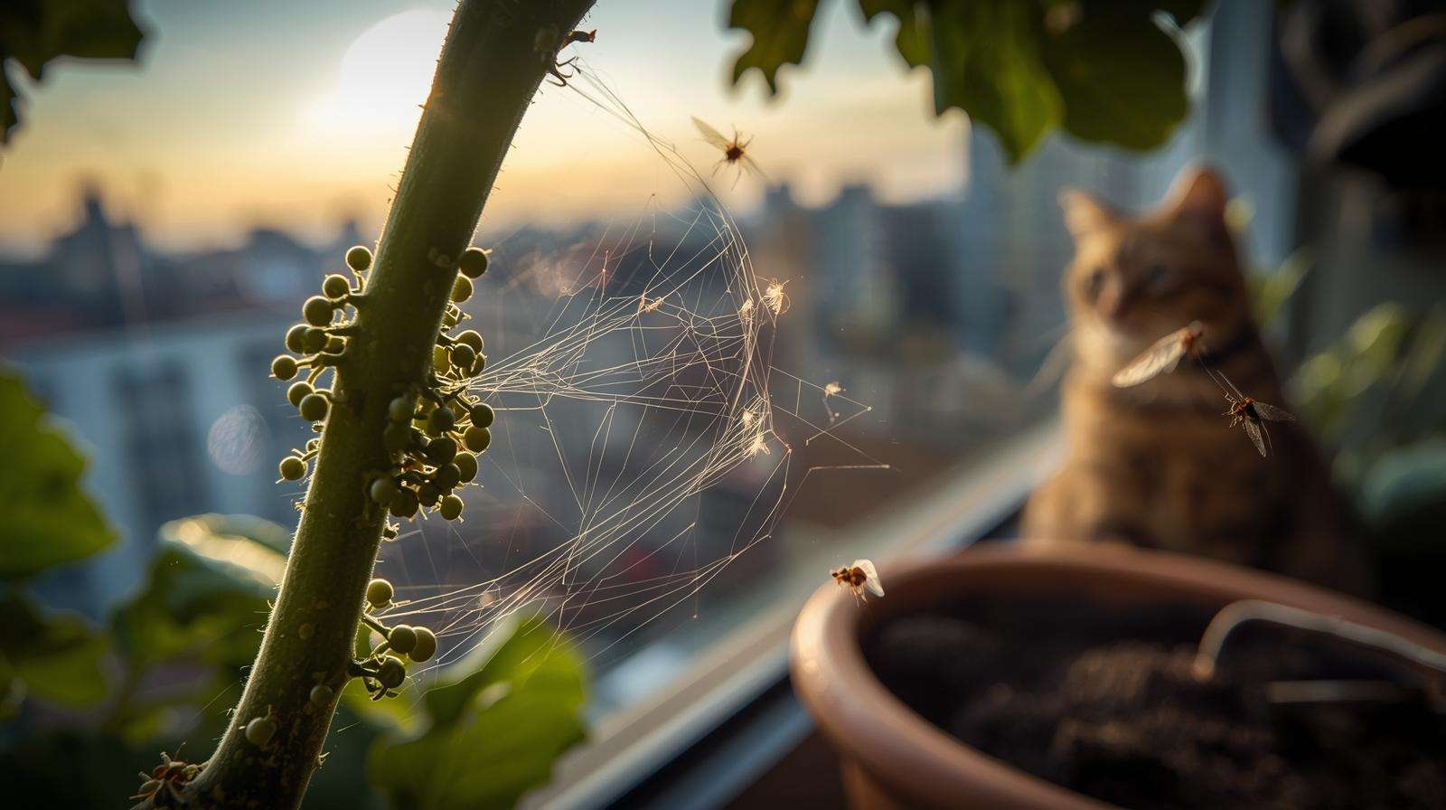 Close-up of aphids, spider mites, whiteflies, and fungus gnat on apartment tomato plant, highlighting pests targeted by apartment pest control in urban grows.