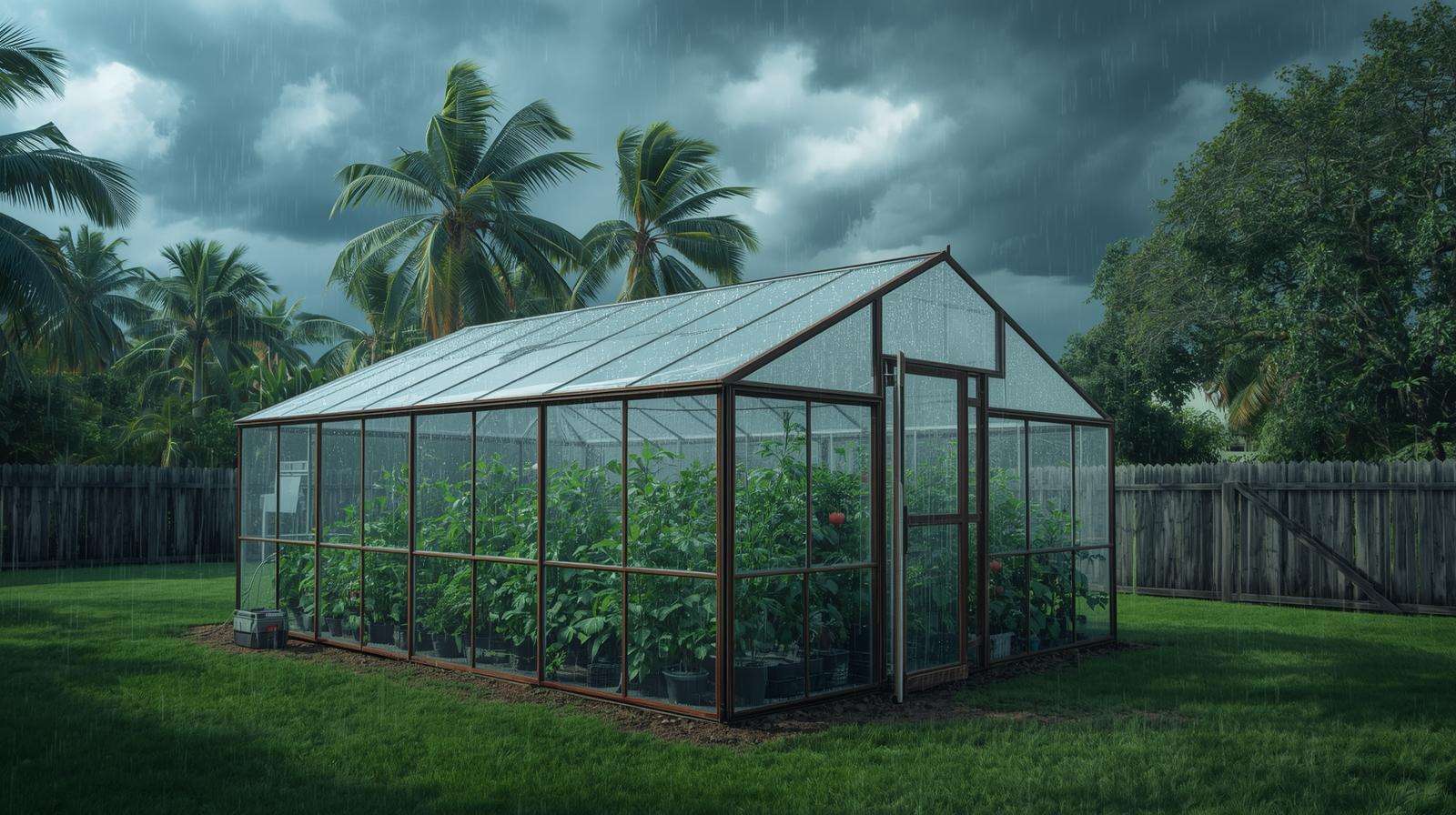 Polycarbonate greenhouse protecting vibrant plants from a Florida storm, showcasing its role in year-round gardening.
