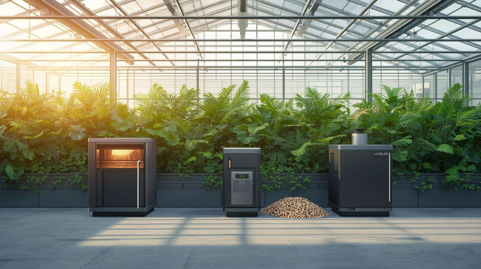 Modern gas, electric, and biomass greenhouse furnaces in a lush greenhouse with plants, showcasing efficient heating options for winter.