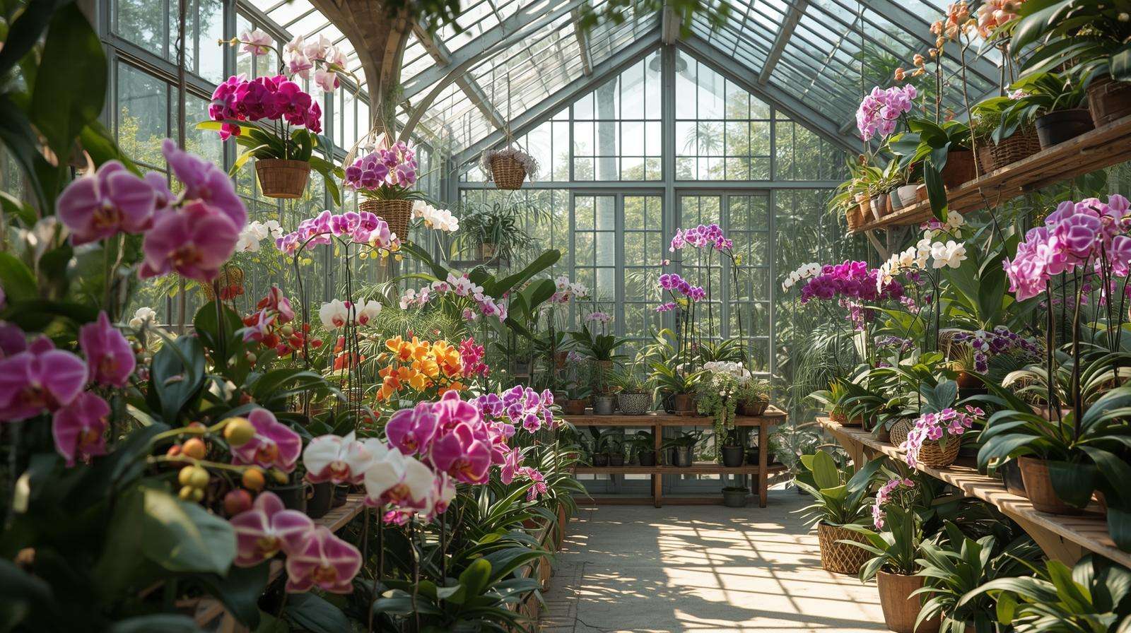 Colorful orchids blooming in a sunlit orchid greenhouse with glass walls and organized shelves.