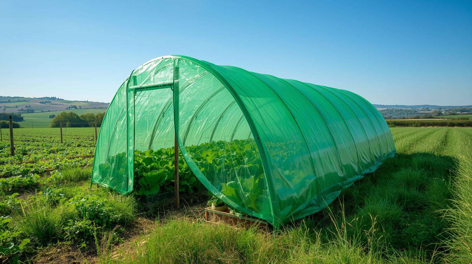 Small greenhouse with green polyethylene film covering, filled with leafy greens under soft sunlight in a rural field.