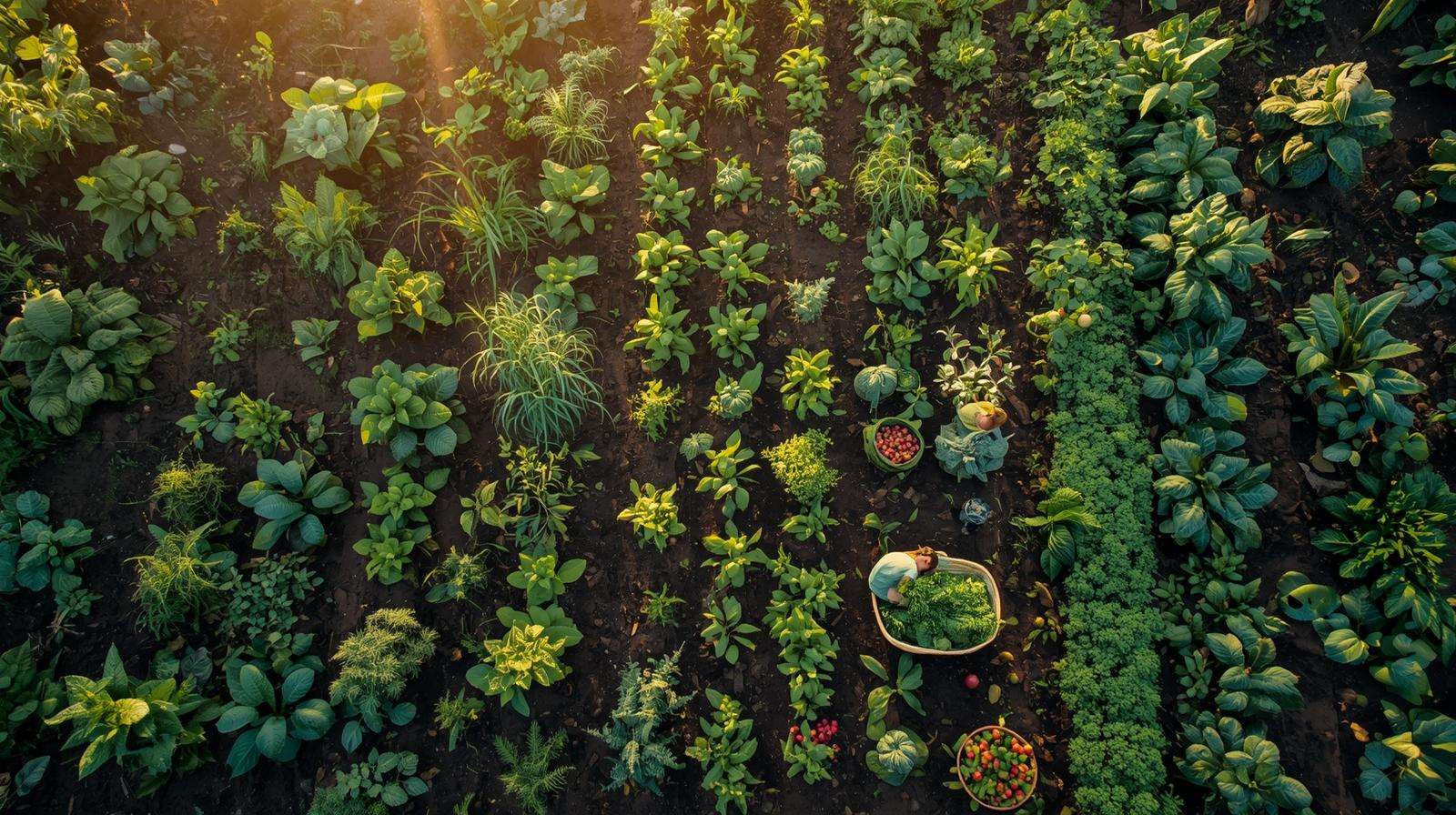Permaculture farm scene with soil, diverse plants, and community sharing produce