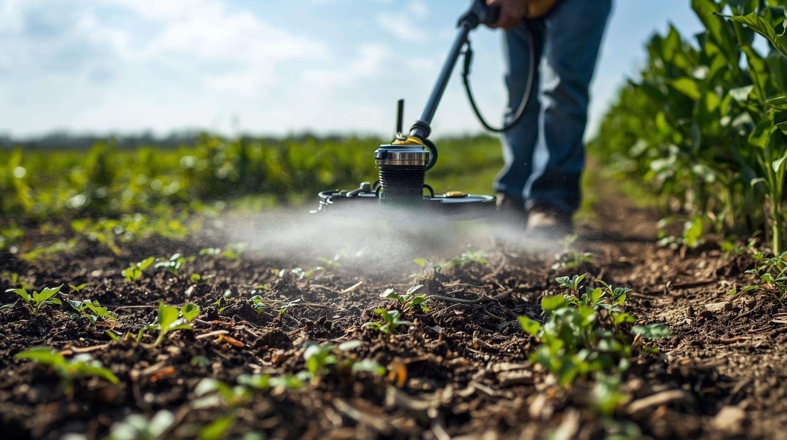 Farmer using insect fogger to control termites in agricultural field with misty spray and green crops.