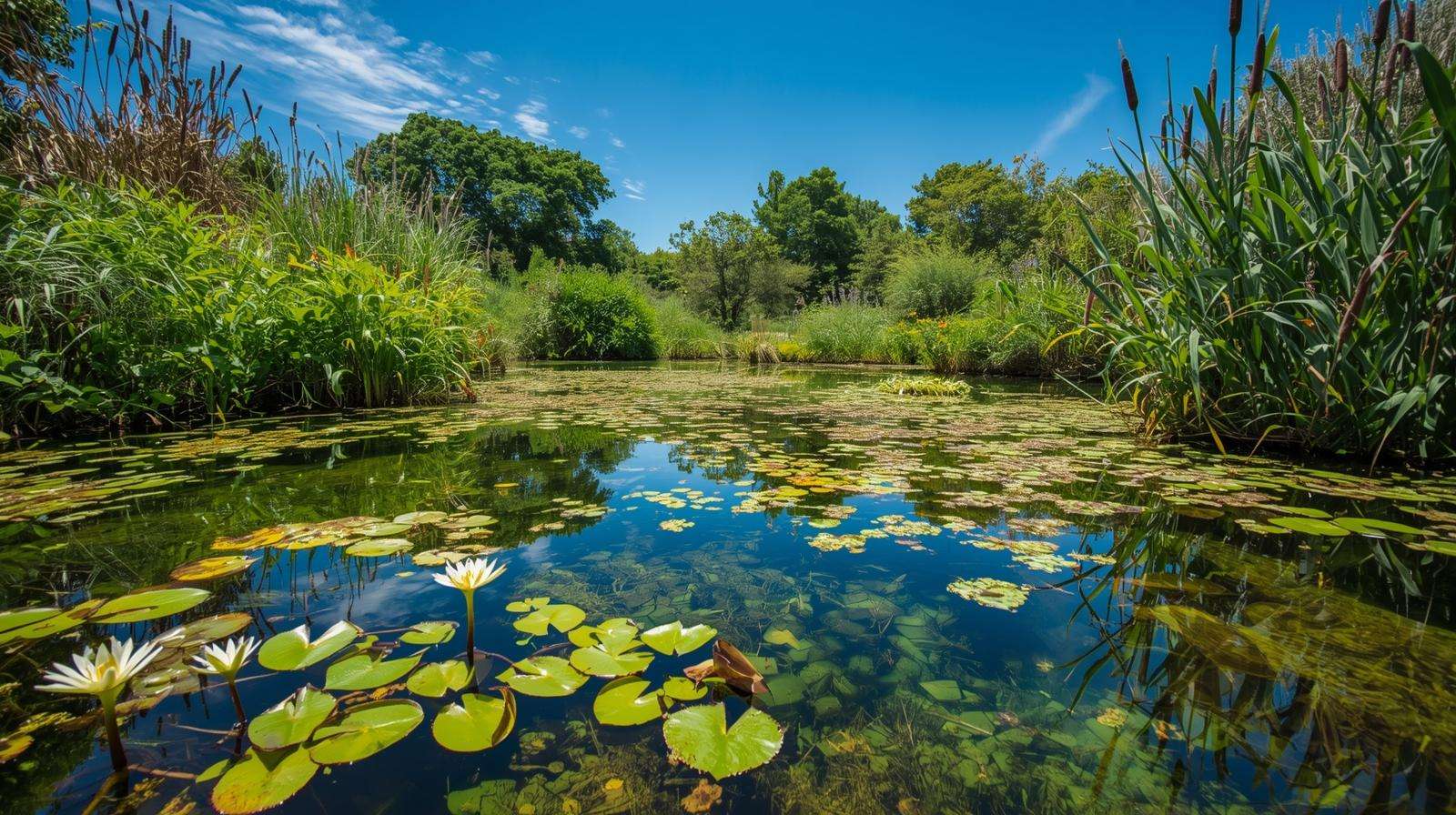 Permaculture pond with native aquatic plants and lush green banks under a clear sky