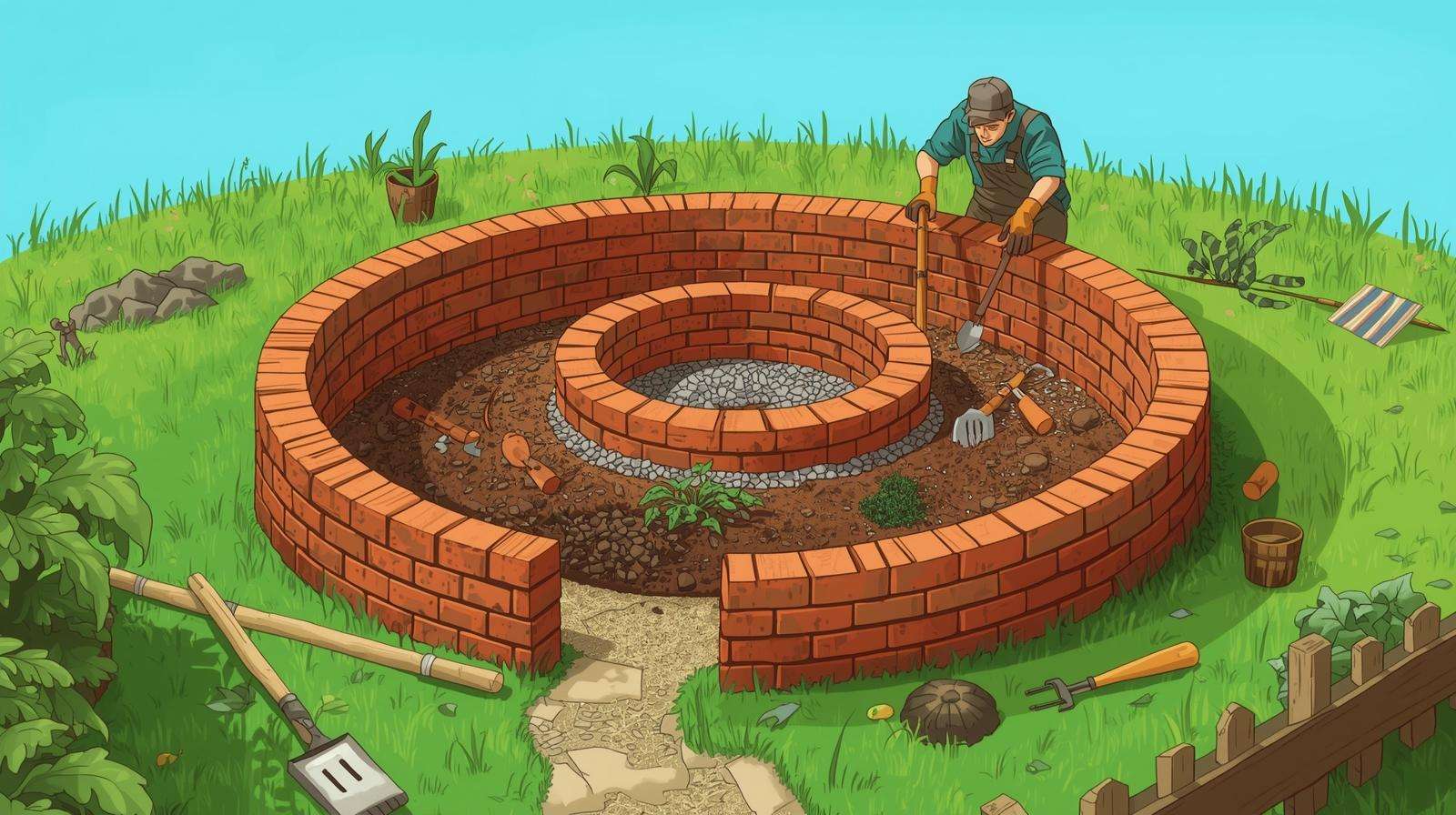 Construction of a permaculture spiral garden with reclaimed bricks and gravel base.