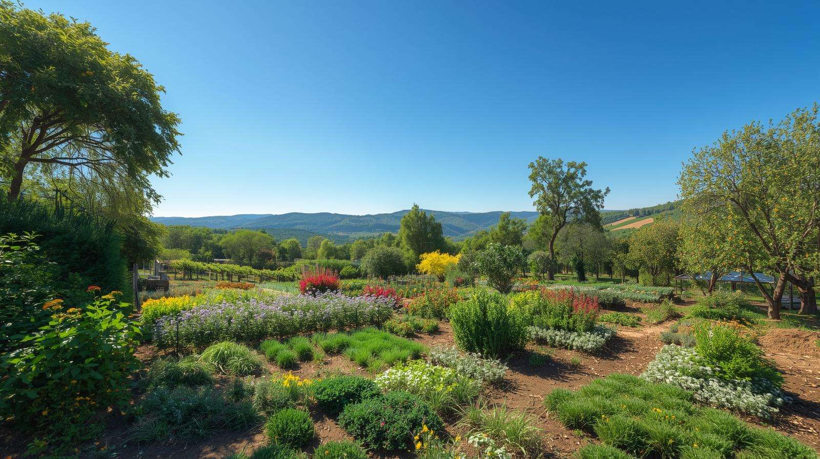 Diverse permaculture farm illustrating principles of ecology with layered vegetation and natural patterns.