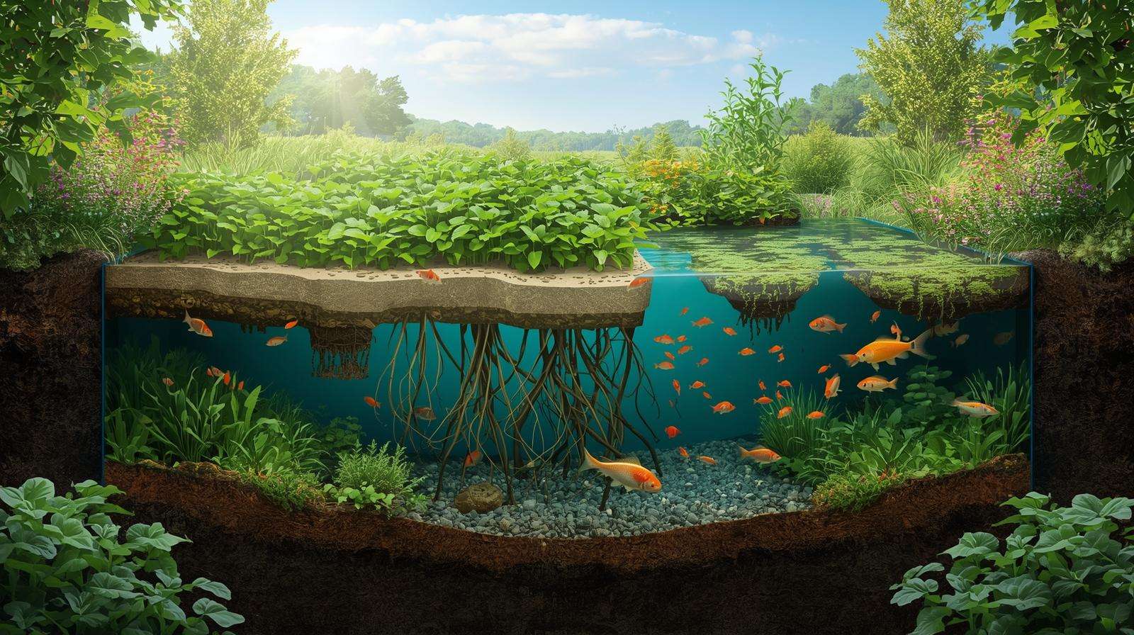 Cross-section of ecological tank layers showing natural biological filtration in permaculture water system