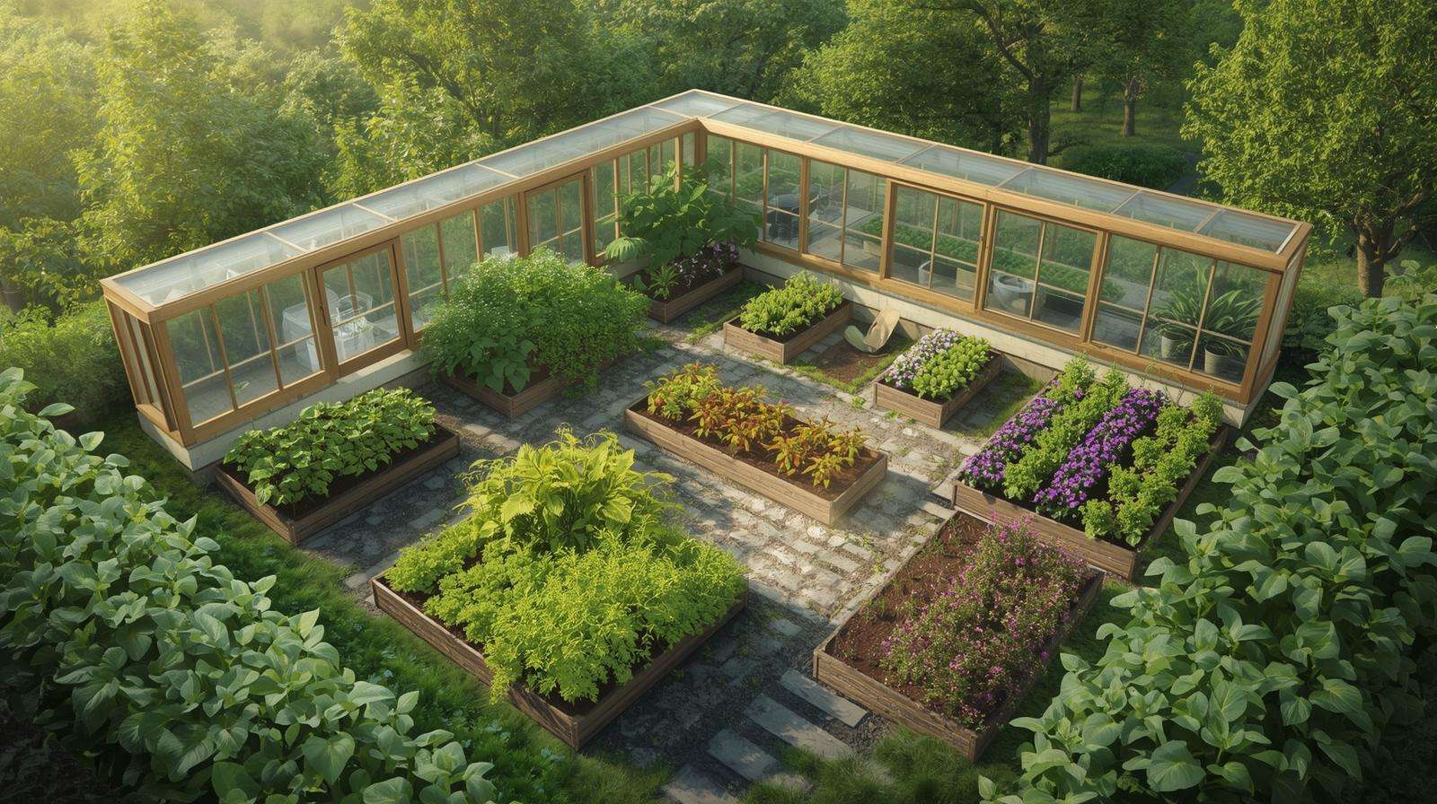 Illustration of ecological windows in a permaculture garden layout with south-facing design and diverse plants.